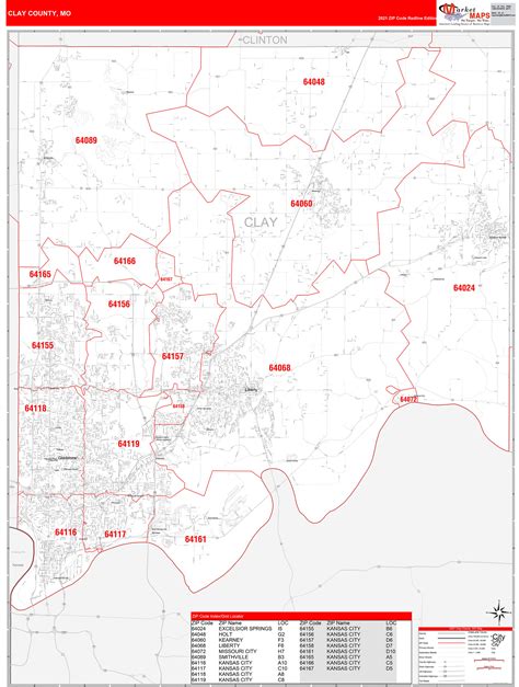 Clay County Mo Zip Code Wall Map Red Line Style By Marketmaps Mapsales