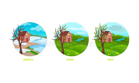 Spring Season Months With House And Meadow In Circle Vector Set Stock