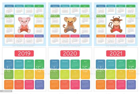 Vetores De Calendário 2019 2020 2021 Inglês Colorido Conjunto Semana Começa No Domingo Porco