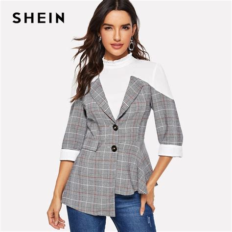 Shein Grey Asymmetrical Hem Button Plaid Frill Neck Blazer Women Spring