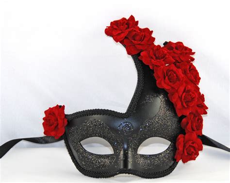 Black Masquerade Mask With Red Roses Costume Ball Mask