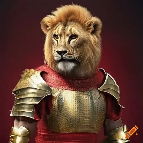 Hyperrealistic Lion In Red Robes With Golden Armor On Craiyon