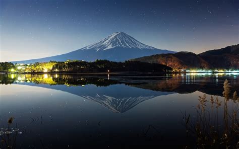Wallpaper Japan Mount Fuji Night Winter Lake Lights 1920x1200 Hd