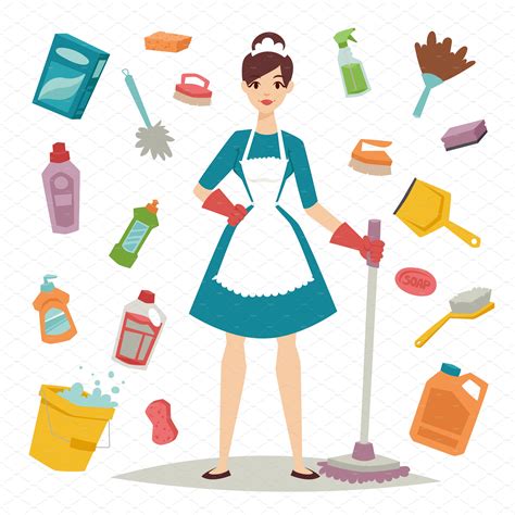 Housewife Girl Cleaning Equipment ~ Illustrations