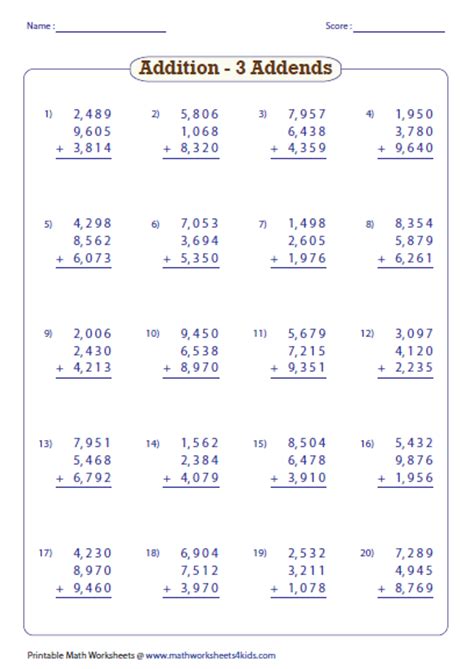 Adding And Subtracting Large Numbers Worksheets