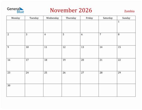 November 2026 Zambia Monthly Calendar With Holidays