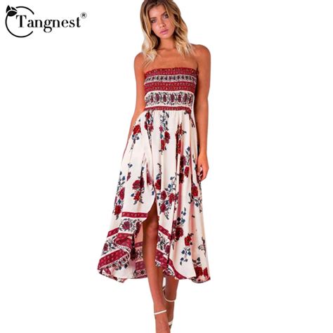 Tangnest Women Sexy Strapless Dresses 2017 Summer Fashion Loose Vintage Style Lovely Female