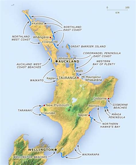 This map shows cities, towns, villages, highways, main roads, secondary roads, railroads, mountains and landforms in north island. Regional Map of North Island | Political Map of New Zealand
