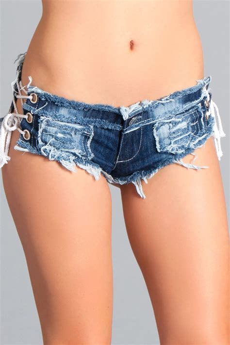Sexy Be Wicked Blue Denim Jean Cut Off Lacing Lace Up Sides Distressed