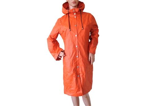 Womens Raincoat Rubber Orange Rain Jacket Long Hood Gem