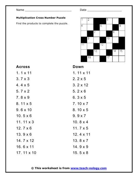 Multiplication Cross Number Puzzle
