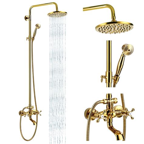 Buy Exposed Shower Faucet Set 8 Rain Shower 2 Double Knobs Handle Gold