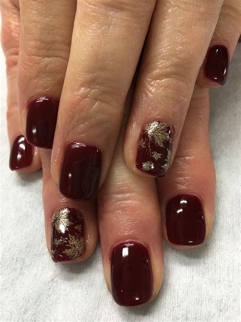 Fall Nails Burgundy Wine Gold Stamped Fall Leaves Gel Nails Gel Nail Designs Pinterest