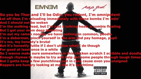 Add a quick inner rhyme that is a separate scheme from your main scheme. Eminem - Rap God Lyrics (HD) - YouTube