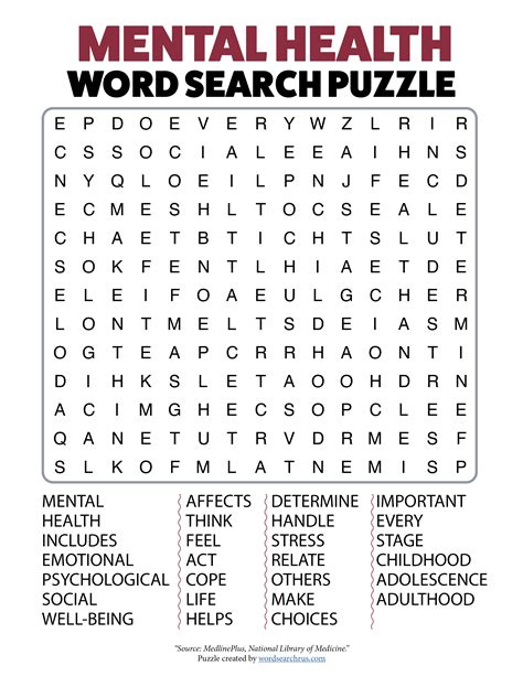 Mental Health Word Search Puzzles For Kids