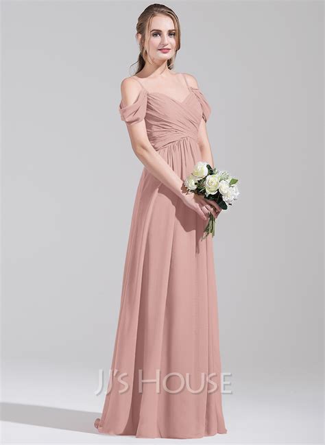 A Line Off The Shoulder Floor Length Chiffon Bridesmaid Dress With