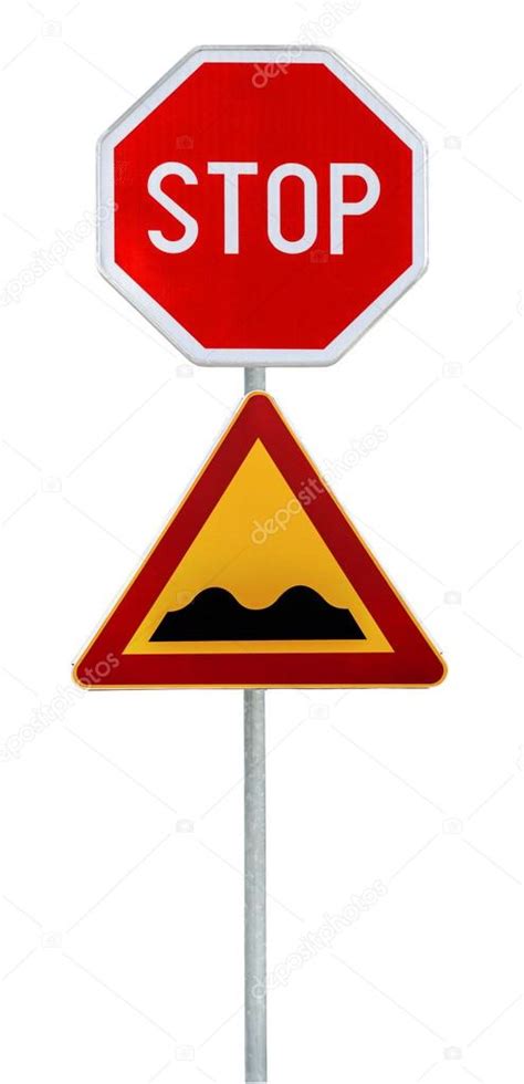 Red And Yellow Triangular Warning Road Sign With Stop Sign A Warning Of