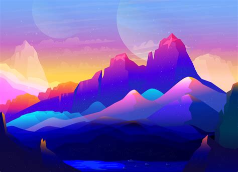 Rock Mountains Landscape Colorful Illustration Minimalist Hd Artist