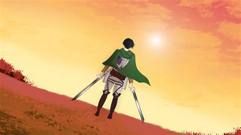 Attack On Titan Levi Ackerman With Swords And Green Scard With