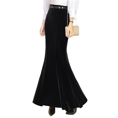 Buy Autumn Winter Warm Black Maxi Skirt Women Vintage Velvet Long Mermaid Skirt
