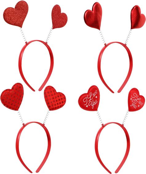 Frcolor 4pcs Valentines Day Heart Headband Red Heart Head Boppers Party