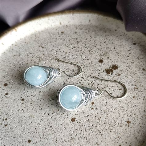 Mm Angelite Wire Wrapped Earrings With Silver Ear Hook Blue Etsy