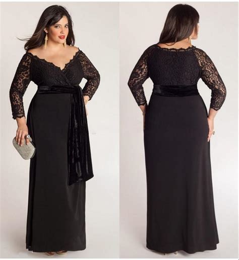 Black Plus Size Lace Long Sleeve Sheath Chiffon Evening Dresses V Neck With Velvet Sash Floor