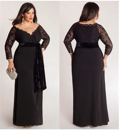 black plus size lace long sleeve sheath chiffon evening dresses v neck with velvet sash floor