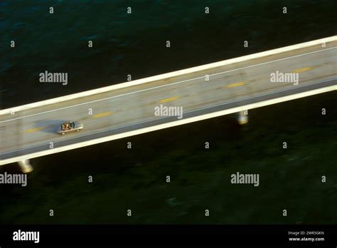 USA: Florida: Florida Keys: Driving over the Seven Mile Bridge along