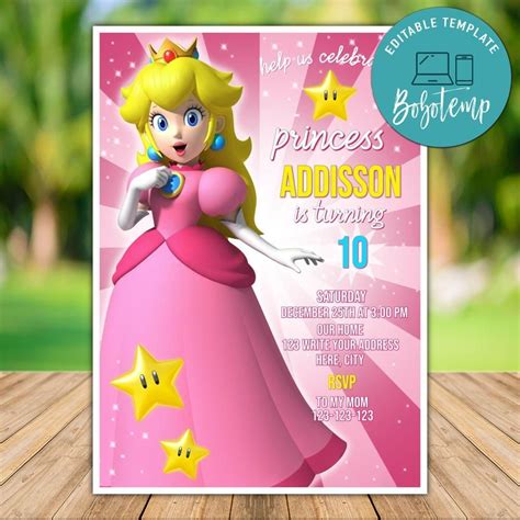 Printable Princess Peach Super Mario Bros Birthday Party Invites Bobotemp