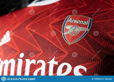 Close Up On Logo Of Arsenal Football Club On An Official 2020 Jerseys Editorial Stock Photo 