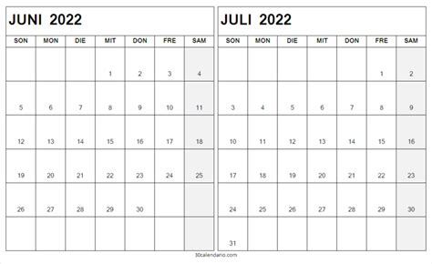Kostenloser Kalender Juni Juli 2022 Drukbare Kalender 2022