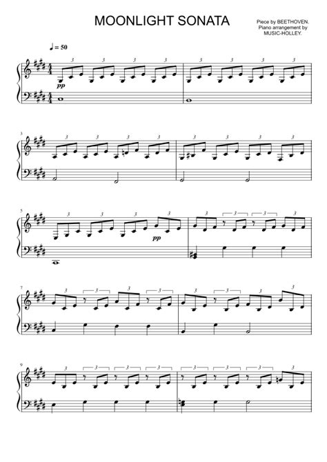 Beethoven Moonlight Sonata Easy Piano Sheet Arr Music Holley Sheet Music L W