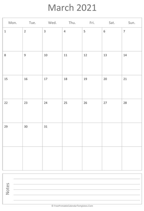 Printable March Calendar 2021 Vertical