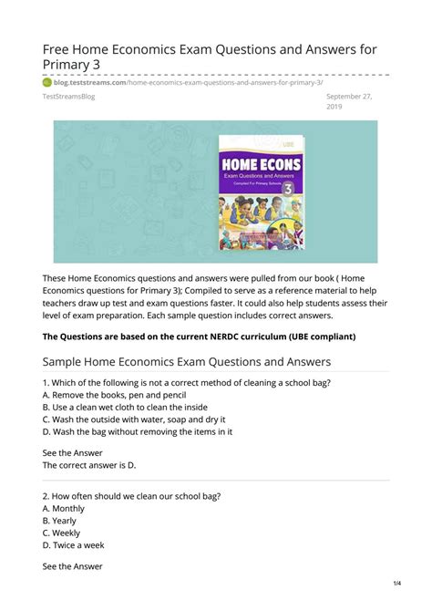 Free Home Economics Exam Questions And Answers For Primary 3 By