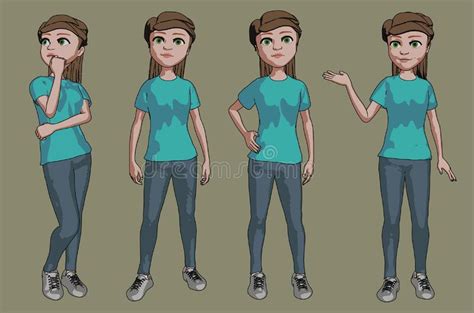 Cartoon Spokesperson Young Woman Standing 4 Poses Showing Thinking Free