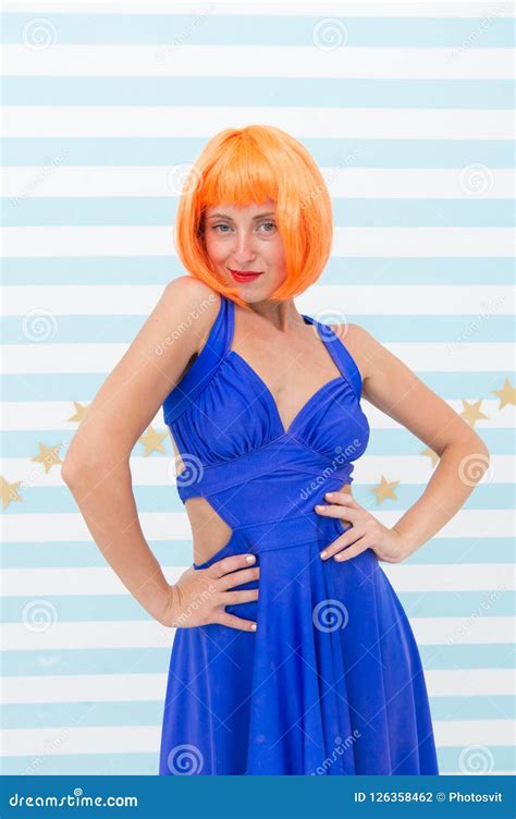 She Likes Bright Outfit Girl Posing Striped Background Of Studio Lady