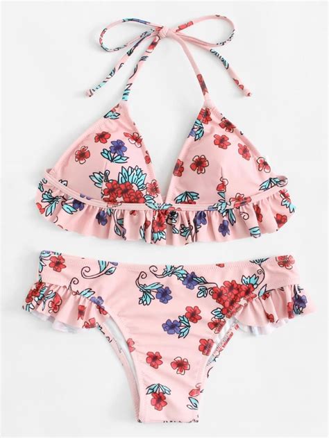 Shop Flower Print Ruffle Hem Bikini Set Online SheIn Offers Flower Print Ruffle Hem Bikini Set