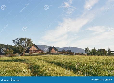 Village Houses On Hills With Green Meadows In Summer Day House Of
