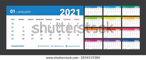 Colorful 2021 Calendar Week Numbers Week Stock Vector Royalty Free