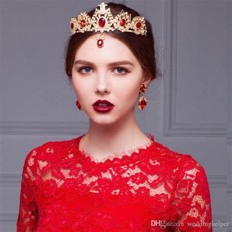 Vintage Wedding Bridal Crown Tiara Red Crystal Rhinestone Forehead Headband Indian Hair