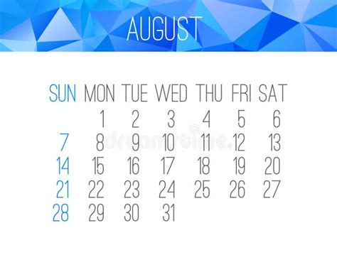 August 2016 Monthly Calendar Stock Vector Illustration Of Calendar