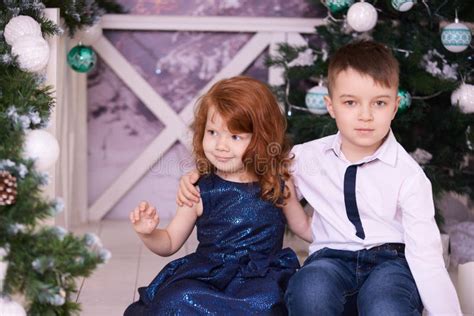 Brother And Sister Christmas Interior Small Children Stock Image
