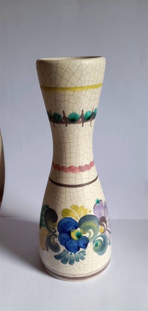 Vintage Gmundner Keramik Crackle Pottery Vase Hand Painted Austria