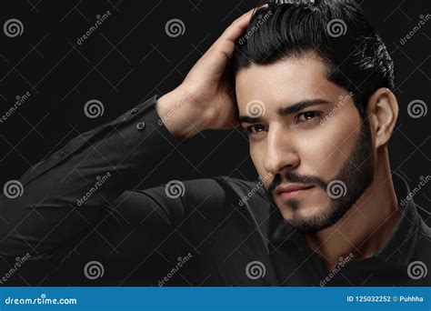 Men Hair Beauty Handsome Male Model Touching Healthy Hair Stock Photo