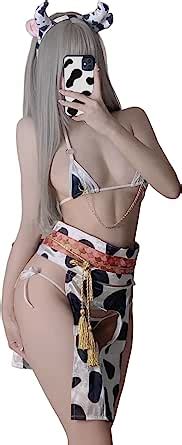 Paloli Womens Anime Cow Cosplay Lingerie Japanese Kimono Bikini Set