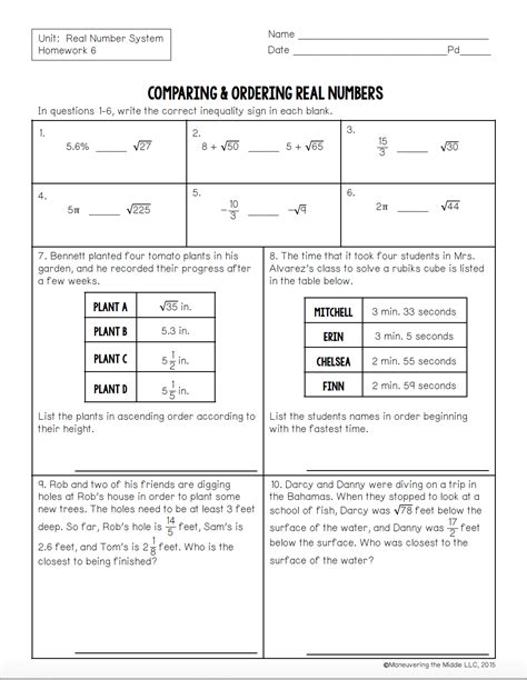 Comparing And Ordering Real Numbers Worksheet Homework 6