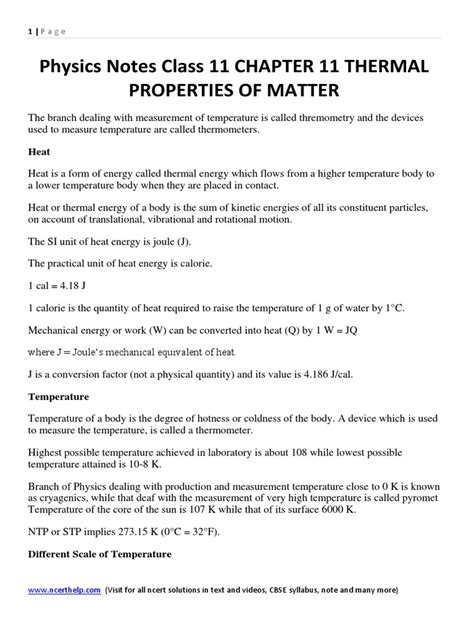 Physics Notes Class 11 Chapter 11 Thermal Properties Of Matter Pdf