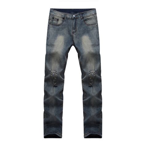Mens Ripped Straight Leg Jeans With Holes Thin Skinny Design Slim Fit Destroyed Torn Jean Pants