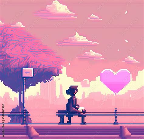 Pixel Romantic Landscape With Big Heart In Sky Lonely Girl Pixelated